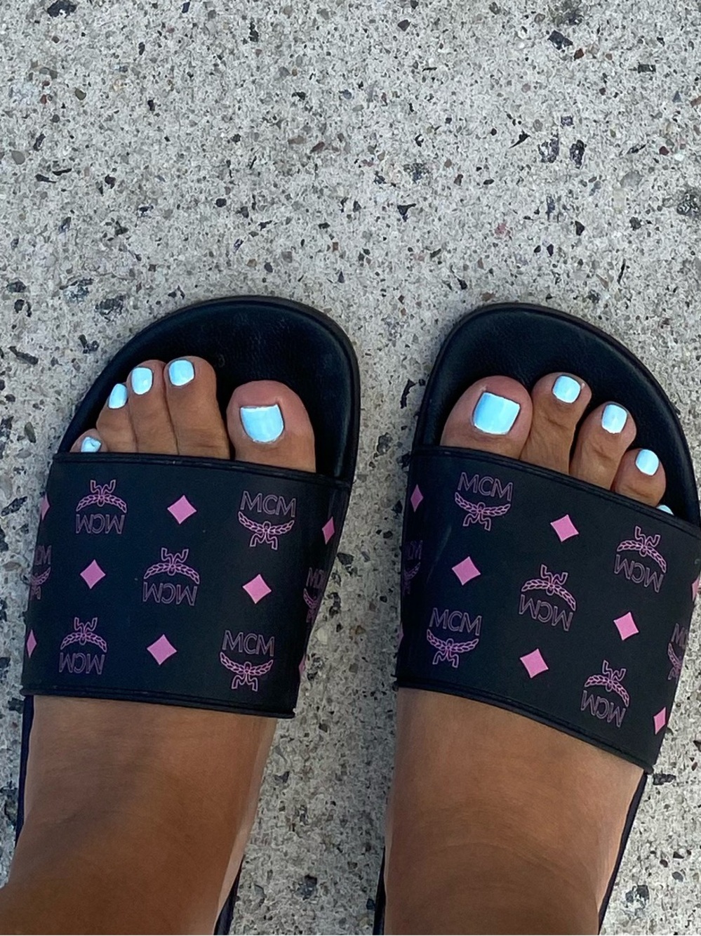 MCM Black Slides with Pink Logo Motif